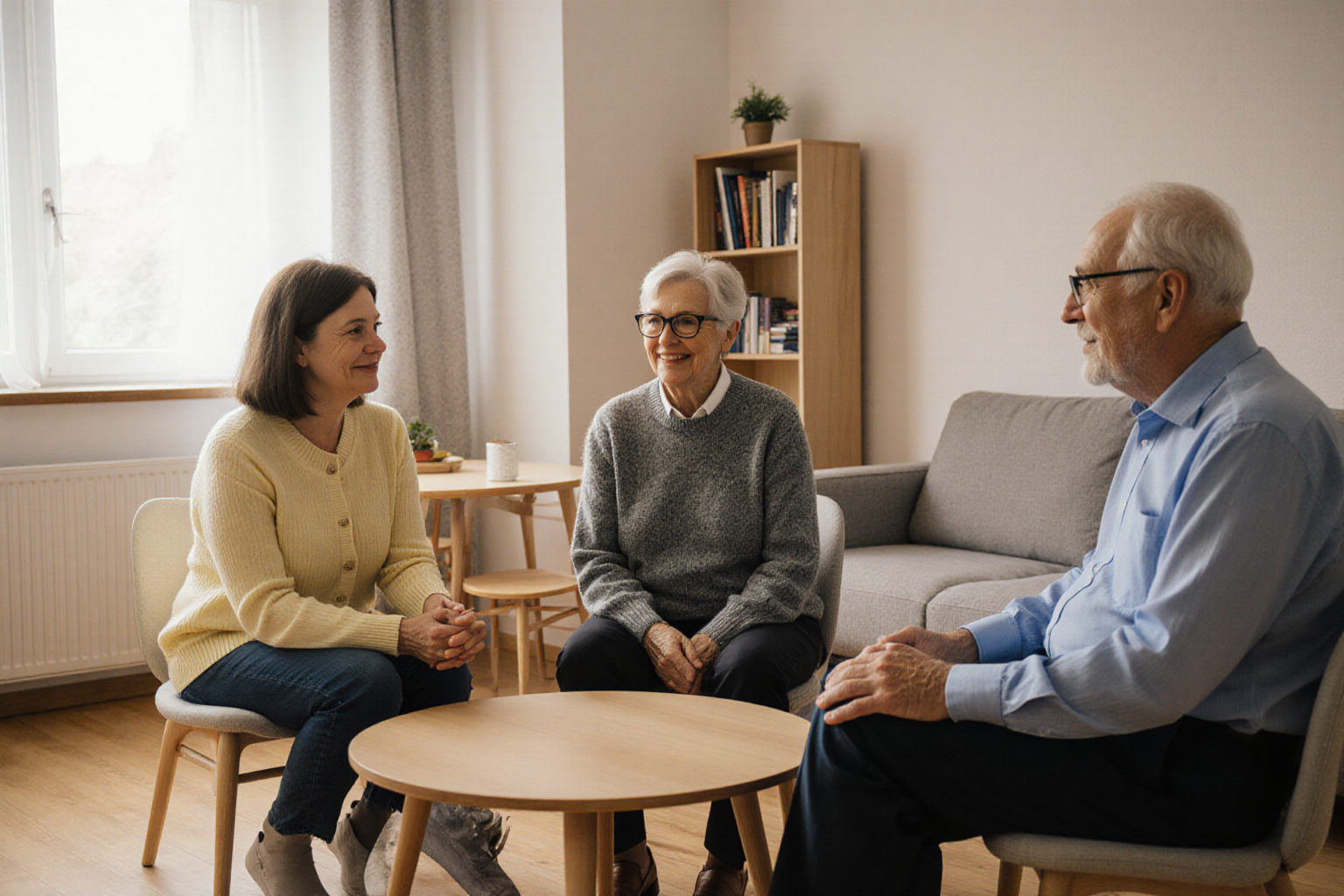 Freundliches Gespräch zwischen drei Erwachsenen im hellen Wohnraum